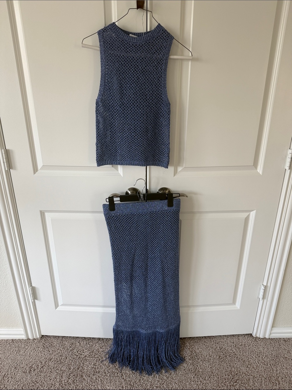 Mango Sleeveless Knit Tank and Fringe Maxi Skirt Set - Blue